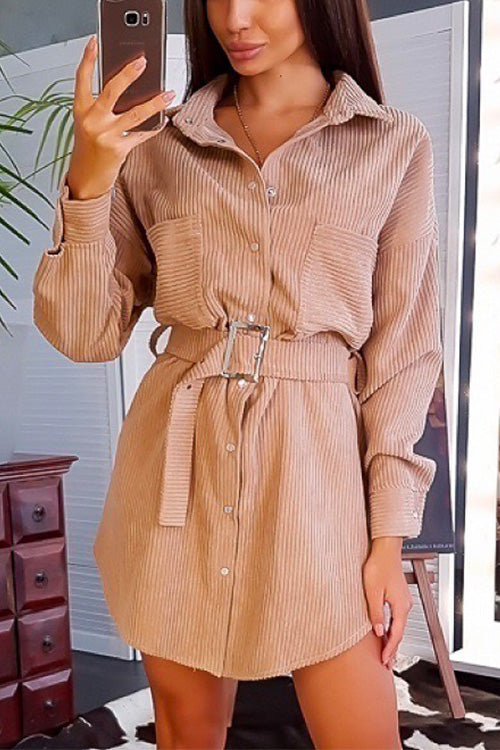 Nikkimoda Lapel Corduroy Shirt Dress With Belt