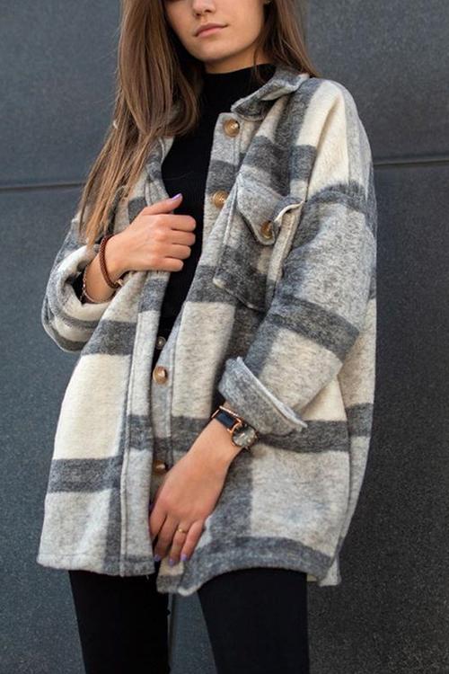 Nikkimoda Button Down Pockets Plaid Jacket Coat