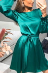 Nikkimoda Puff Sleeve Tie Waist Solid Satin Dress