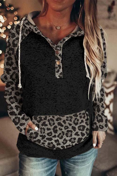 Nikkimoda Leopard Splice Buttons Drawstring Hoodied Sweatshirt