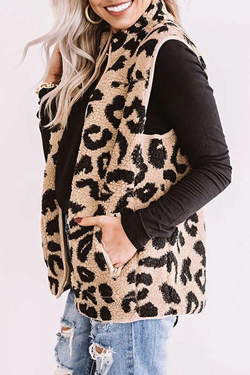 Nikkimoda Leopard Fleece Zipper Waistcoat
