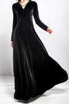 Nikkimoda V Neck High Waist Pleated Velvet Long Dress