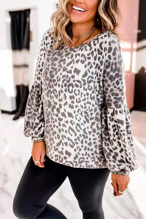 Nikkimoda Crewneck Lantern Sleeve Leopard T Shirt