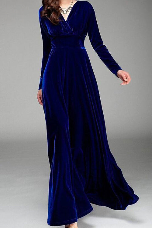 Nikkimoda V Neck High Waist Pleated Velvet Long Dress