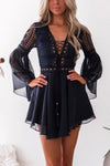 Nikkimoda V Neck Bell Sleeve Lace Crochet Chiffon Dress