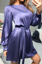 Nikkimoda Puff Sleeve Tie Waist Solid Satin Dress