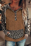 Nikkimoda Leopard Splice Buttons Drawstring Hoodied Sweatshirt