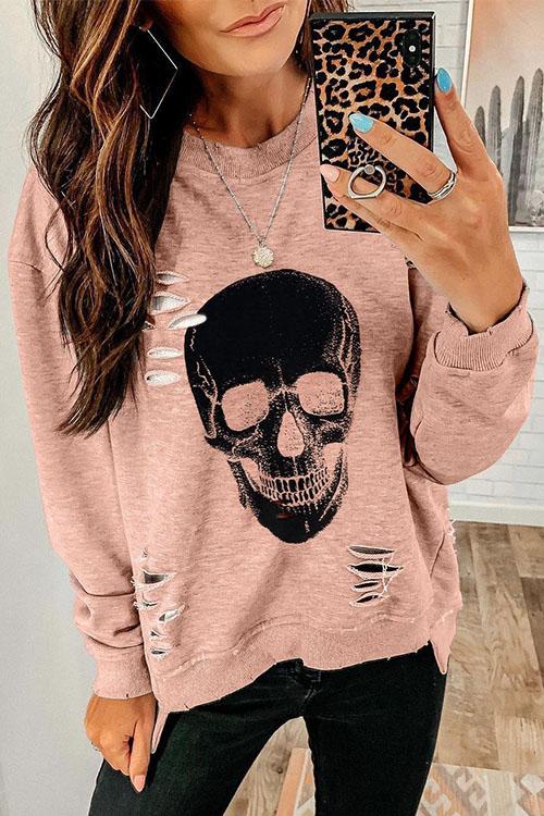 Nikkimoda Skull Print Ripped Pullover Tops