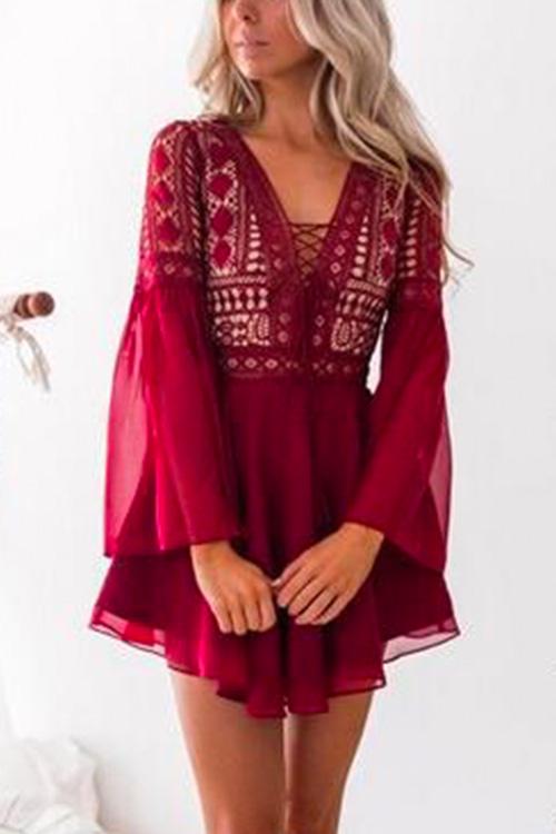 Nikkimoda V Neck Bell Sleeve Lace Crochet Chiffon Dress