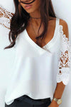 Nikkimoda V Neck Cold Shoulder Lace Splice Chiffon Top