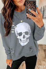 Nikkimoda Skull Print Ripped Pullover Tops