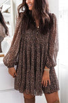 Nikkimoda V Neck Puff Sleeve Leopard Swing Dress