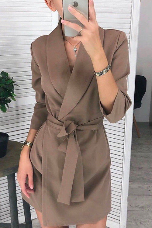 Nikkimoda Solid Lapel Tie Waist Blazer Dress