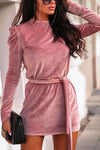 Nikkimoda Mockneck Bubble Sleeve Tie Waist Velvet Dress