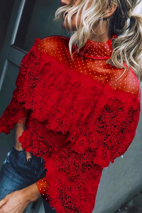 Nikkimoda Turtleneck Lace Hollow Out Mesh Ruffle Top