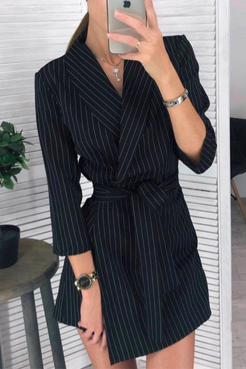 Nikkimoda Solid Lapel Tie Waist Blazer Dress