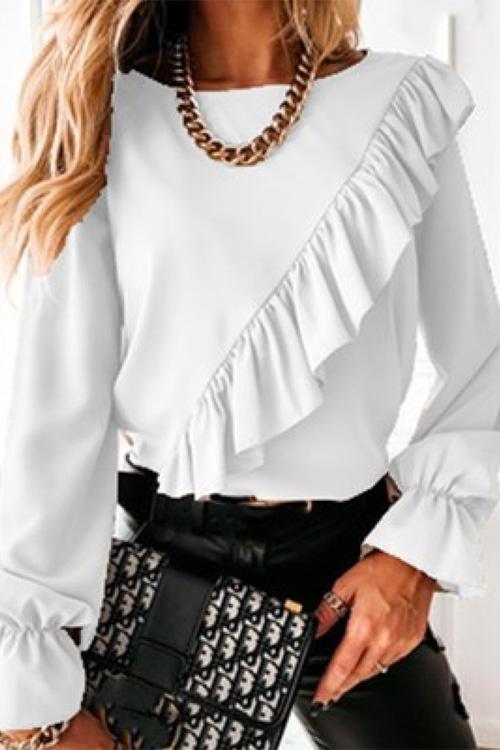 Nikkimoda Crewneck Bell Sleeve Ruffle Blouse Shirt