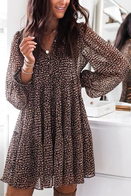 Nikkimoda V Neck Puff Sleeve Leopard Swing Dress