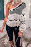 Nikkimoda Cute One Shoulder Plaid Tassel Knitting Top