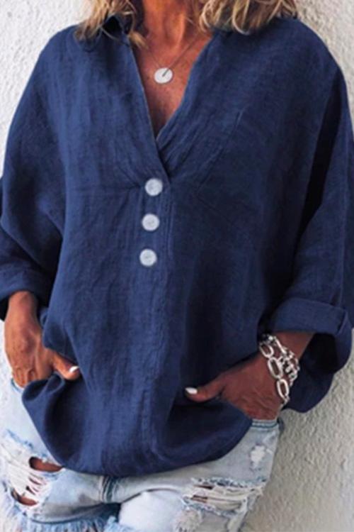 Nikkimoda Loose V Neck Buttons Cotton Linen Shirt