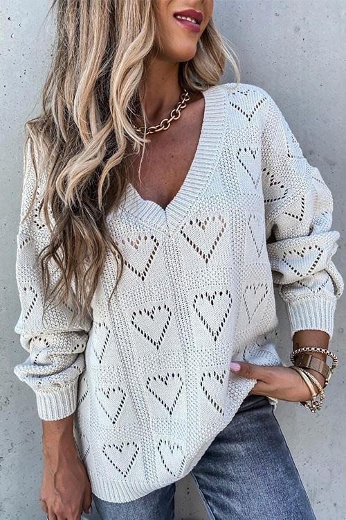 Nikkimoda V Neck Heart Hollow Out Knitting Tops