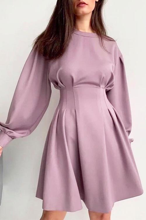 Nikkimoda Lantern Sleeves High Waisted Violet Swing Dress