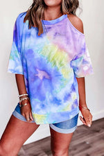 Nikkimoda Crew Neck Cold Shoulder Tie Dye T-shirt