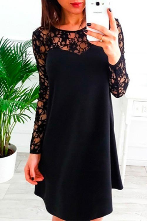 Nikkimoda Crewneck Lace Splice Flowy Dress