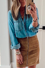 Nikkimoda V Neck Button Down Denim Shirt