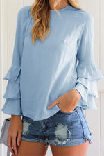 Nikkimoda Crewneck Ruffle Sleeve Solid Chiffon Shirt