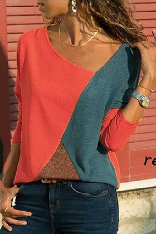 Nikkimoda Color Block V-neck Long Sleeves Basic Tops