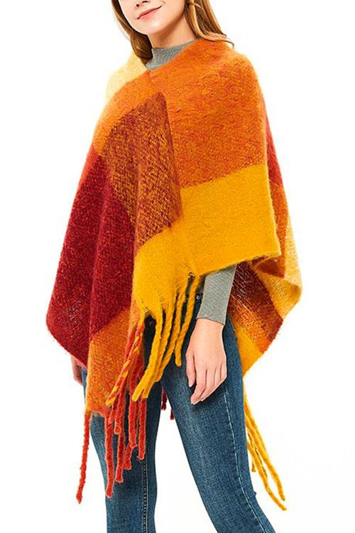 Nikkimoda Rainbow Plaid Tassel Shawl Cloak