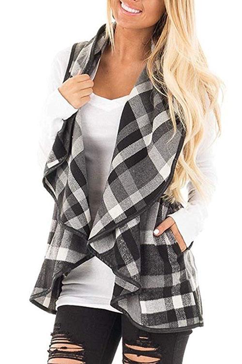 Nikkimoda Lush Sleeveless Plaid Jacket Vest with Pockets