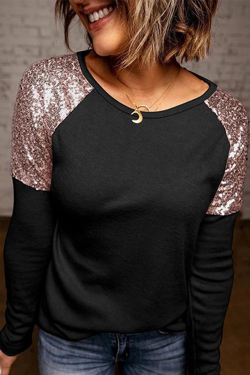 Nikkimoda Crewneck Sequin Splice Long Sleeve T Shirt