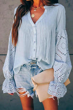 Nikkimoda V Neck Bell Sleeve Button Down Solid Shirt