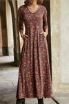 Nikkimoda V Neck Floral Printed Long Dress with Pockets