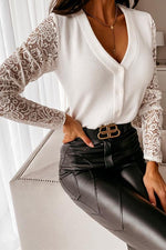 Nikkimoda V Neck Lace Sleeves Button Down Bottoming Shirt