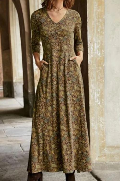 Nikkimoda V Neck Floral Printed Long Dress with Pockets