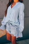 Nikkimoda V Neck Bell Sleeve Button Down Solid Shirt