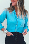 Nikkimoda V Neck Button Down Denim Shirt