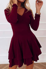 Nikkimoda Solid V Neck Waisted Ruffle Dress