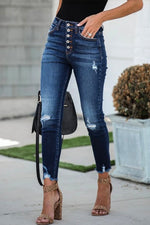 Nikkimoda High Waist Buttons Ripped Skinny Jeans