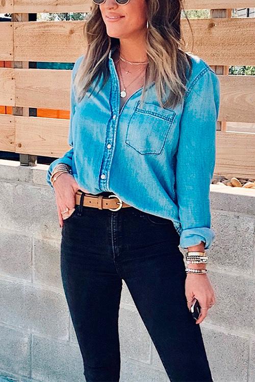 Nikkimoda V Neck Button Down Denim Shirt