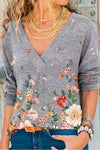 Nikkimoda V Neck Floral Printed Long Sleeve Tees