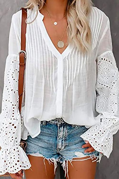 Nikkimoda V Neck Bell Sleeve Button Down Solid Shirt