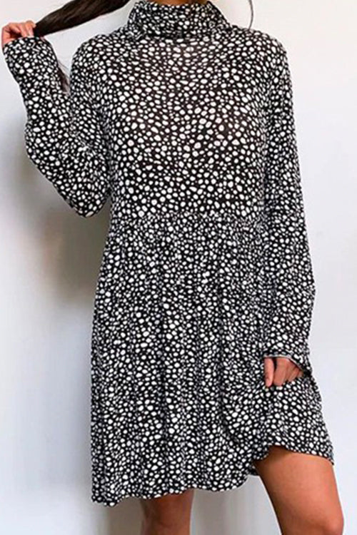 Nikkimoda Pile Up Collar Leopard Swing Dress