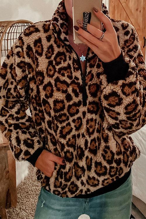 Nikkimoda Fuzzy Leopard Print Pullovers with Pockets
