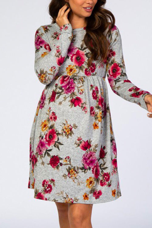 Nikkimoda Long Sleeve Floral Printed Maternity Dress