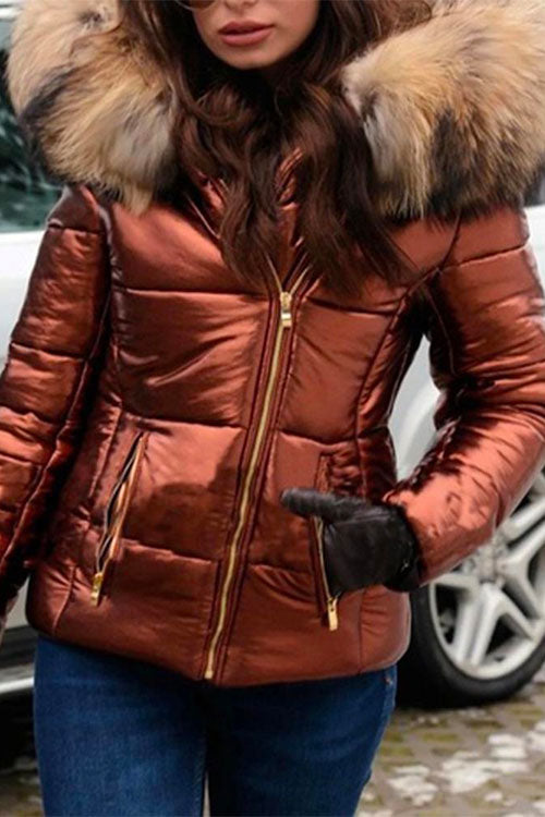 Nikkimoda Faux Fur Collar Hoodied Short Down Coat