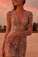 Nikkimoda Deep V Neck Mesh Sequin Party Dress